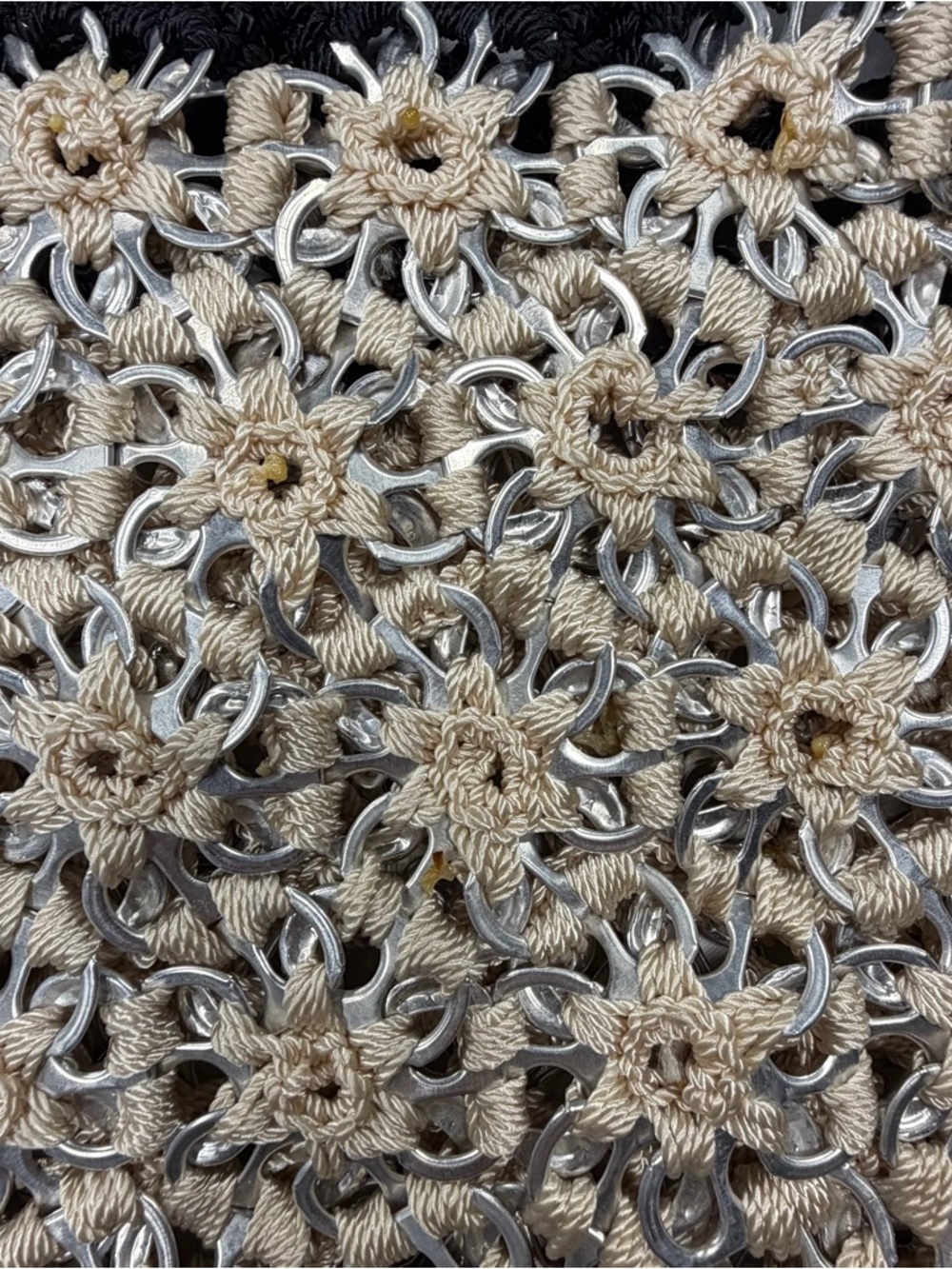 Upcycled Pop Soda Tab Crochet Shoulder Bag Black Cream Handmade Boho Festival - Picture 2 of 10